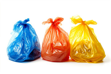 A set of colored garbage bags isolated on white background. Collage of garbage bags. colorful plastic trash bags isolated on white background. Different trash bags full.