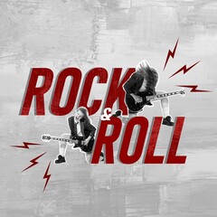 Poster. Contemporary art collage. Bold ROCK ROLL text with lightning and monochrome female guitarist on textured grey background. Concept of Rock-n-roll, music, dance. Magazine style