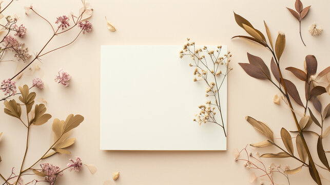 floral background, Blank wedding invitation card mockup with trendy botanical decor on beige background, Ai generated image