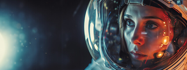  woman astronaut wearing spacesuit helmet - obrazy, fototapety, plakaty