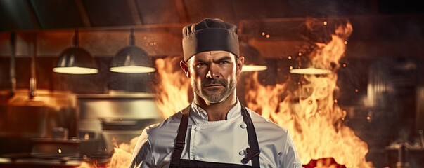 Chef portrait with burning or fire background