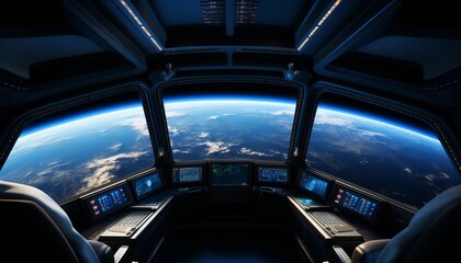 Title futuristic spaceship interior with stunning view of earth through large window