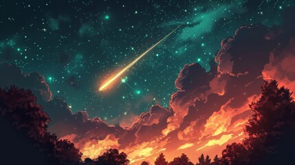 Cartoon Illustrate of meteor shower in the starry night sky. Stars Sky cartoon background. - obrazy, fototapety, plakaty