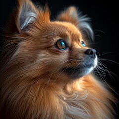 Close up portrait of a beautiful spitz isolated on black background.  AI generated.