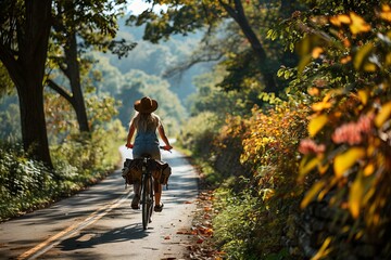A beautiful girl rides a bicycle along a forest path in denim overalls. Banner with copy space.
