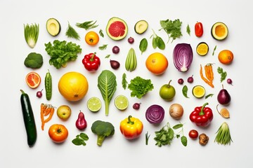 Assortment of fresh vegetables and fruits arranged neatly on a white background, showcasing a variety of healthy, organic produce