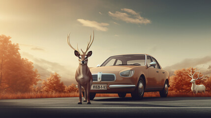 3d rendered illustration of a deer intron of a car - obrazy, fototapety, plakaty