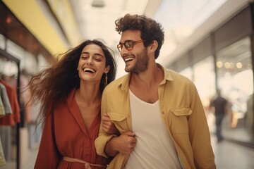 Radiant couple laughing together, walking through a shopping mall in stylish summer outfits, sharing a moment of genuine happiness and connection