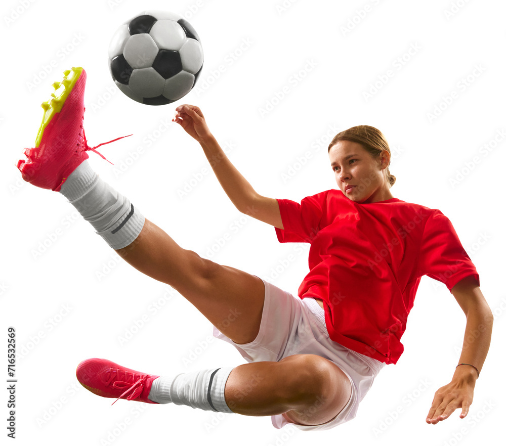 Wall mural Young woman, female football player in motion, hitting ball with leg and falling down isolated over transparent background. Concept of sport, competition, action, winner, tournament, active lifestyle