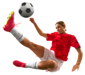 Young woman, female football player in motion, hitting ball with leg and falling down isolated over transparent background. Concept of sport, competition, action, winner, tournament, active lifestyle
