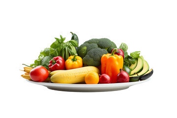 Fototapeta na wymiar Assorted fresh vegetables artistically arranged on a plate against transparent background, featuring vibrant bell peppers, squash, avocado, and tomatoes, ideal for a healthy diet