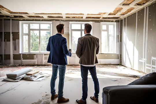 Home sales agent in new apartment with homebuyer. Real estate broker presenting property to client, discussing purchase, house insurance or mortgage loan. Foreman discusses repairs with customer