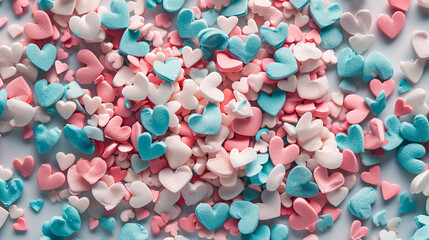 Fototapeta na wymiar Illustration of a whimsical wallpaper with playful pastel-colored hearts scattered across the screen for Valentine's Day.