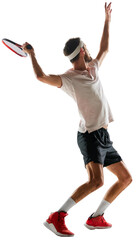 Full-length of young man in sportswear, tennis player practicing, hitting ball with racket isolated over transparent background. Concept of sport, competition, action, tournament, active lifestyle