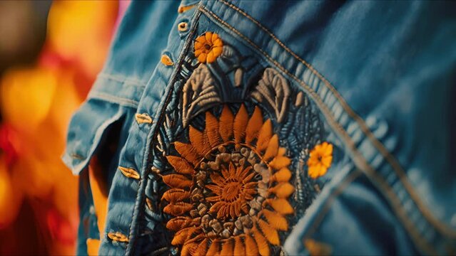 Closeup of a handmade, intricately embroidered patch on a denim jacket, emphasizing the value of upcycled clothing.