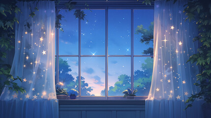 night scene as viewed through a large, open window. AI generative
