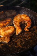 Pan frying or home cooking fish on the fire.