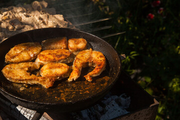 Pan frying or home cooking fish on the fire.