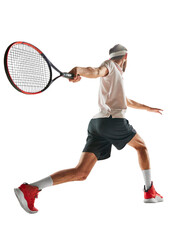 Dynamic image of young sportive man in sportswear practicing tennis, serving ball isolated over transparent background. Concept of sport, competition, action, winner, tournament, active lifestyle