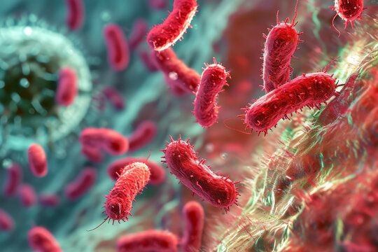 Microscopic Ai image of mycobacteria and bacterial organisms in biology and science background. 