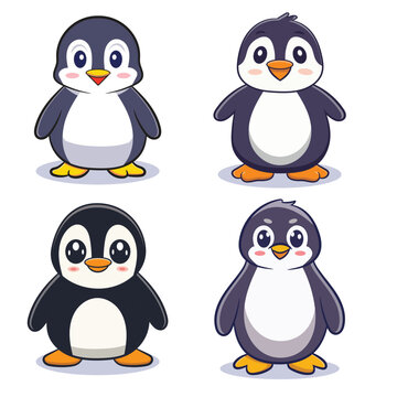 vector cute penguins in smile standing cartoon different poses icon illustration