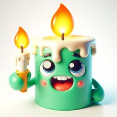 3D funny cartoon of a lit candle. AI generated