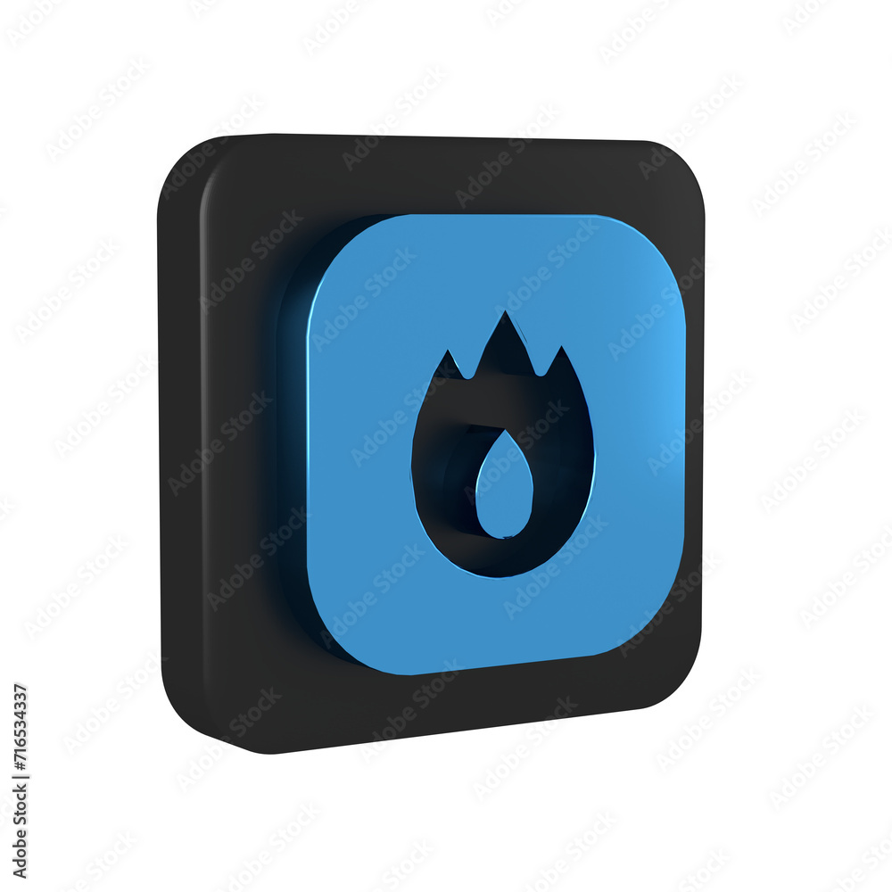 Sticker Blue Fire flame icon isolated on transparent background. Black square button.