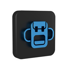 Blue School backpack icon isolated on transparent background. Black square button.