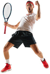 Winner. Emotional young man, tennis player in sportswear standing with racket, expressing success...