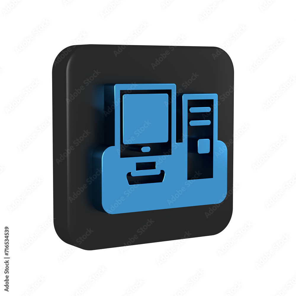 Poster blue computer monitor with keyboard and mouse icon isolated on transparent background. pc component 