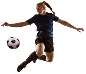 Full-length image of young girl, football player dribbling ball with leg in a jump isolated over transparent background. Concept of sport, competition, action, winner, tournament, active lifestyle