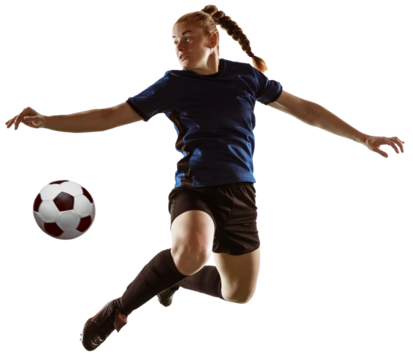 Full-length image of young girl, football player dribbling ball with leg in a jump isolated over transparent background. Concept of sport, competition, action, winner, tournament, active lifestyle