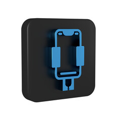 Blue Mobile phone holder icon isolated on transparent background. Black square button.