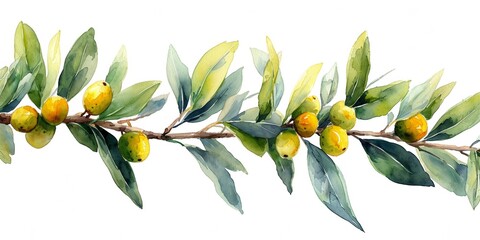 Mediterranean harvest: Fresh olive branch with green leaves, ripe fruits, and a white background.