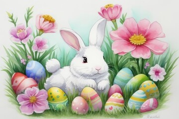 Colorful flat illustration featuring an Easter bunny, vibrant ornameted eggs and spring flowers at green grass.