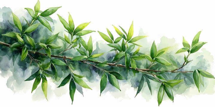 A watercolor illustration of vibrant green leaves on a tree branch, creating a colorful and fresh botanical composition.