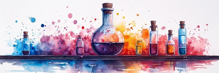 A watercolor depiction of a glass bottle, capturing the essence of scientific beauty and aromatic elegance. - obrazy, fototapety, plakaty
