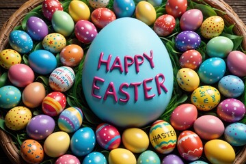 Fototapeta na wymiar Colorfull ornameted Easter eggs and a one big egg with sign displaying the message 'Happy Easter'.