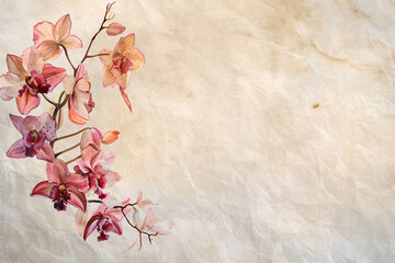 Herbarium style watercolor illustration of orchid on parchment paper, copy space.	
