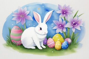 Colorful flat illustration featuring an Easter bunny, vibrant ornameted eggs and spring purple flowers at green grass.