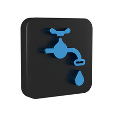Blue Water tap with a falling water drop icon isolated on transparent background. Black square button.