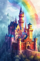 A fantasy landscape featuring a majestic castle on a hill, surrounded by a magical forest.