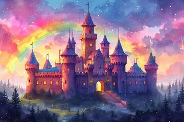 A whimsical illustration of a fairy kingdom with a beautiful castle, pink towers, and dreamlike clouds. - obrazy, fototapety, plakaty