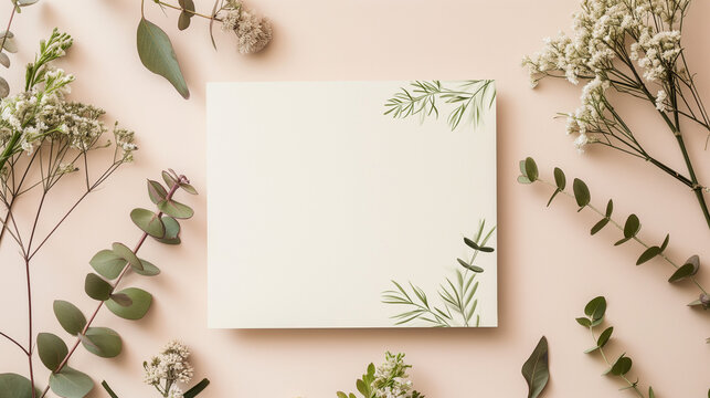 note paper on a wooden wall, Blank wedding invitation card mockup with trendy botanical decor on beige background, Ai generated image