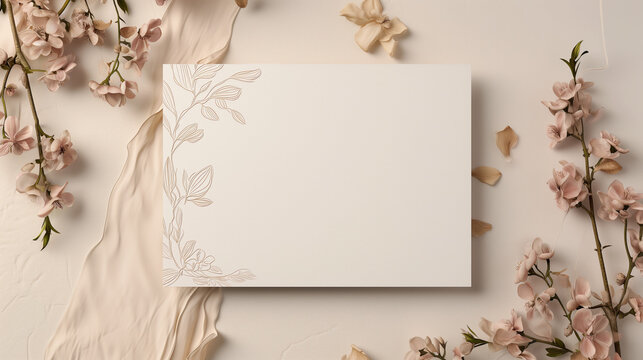 blank note paper on wooden background, Blank wedding invitation card mockup with trendy botanical decor on beige background, Ai generated image