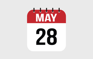 28 May calendar icon. Red calendar page vector for May days and weeks.