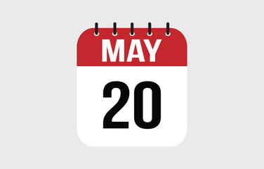 20 May calendar icon. Red calendar page vector for May days and weeks.
