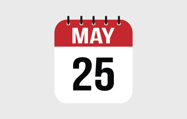 25 May calendar icon. Red calendar page vector for May days and weeks.