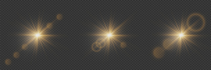 Set of shining stars and glares of light, sun particles and sparkles with effect, golden lights and sparkles. On a transparent background. Vector, EPS10 - obrazy, fototapety, plakaty