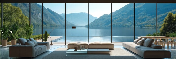 Lakeside Luxury: Modern Living Room Interior with Breathtaking View